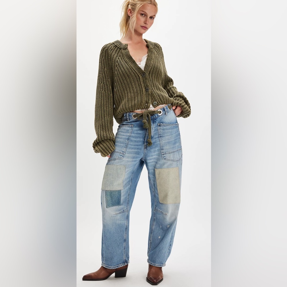 Free People Maxi Barrel Blue Patchwork Jeans